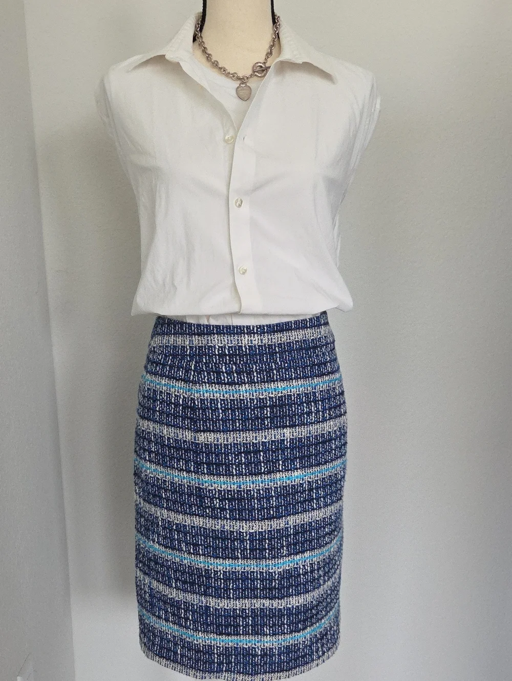 Tory Burch Navy and Aqua Striped Tweed Classic Prep Pencil Skirt Preppy Sz 6